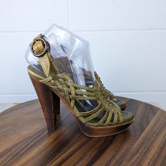 Frye Joy Huarache Platform Heels Olive Green Leather Size 7 - Picture 4 of 11